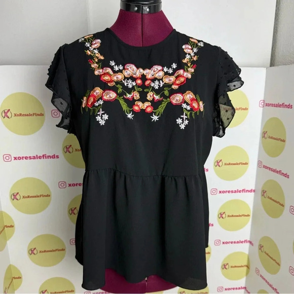 Women's Floral Embroidered Ruffle Sleeve Peplum Blouse Top - Picture 1 of 6